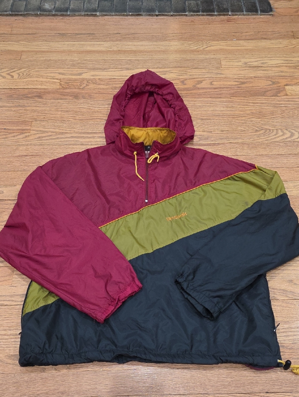 Vintage Mens Reebok Maroon/Olive/Black Colorblock Hooded Windbreaker - XL